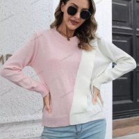 Дамски контрастен пуловер с кръгло деколте и дълъг ръкав, 3цвята - 023, снимка 2 - Блузи с дълъг ръкав и пуловери - 39096481