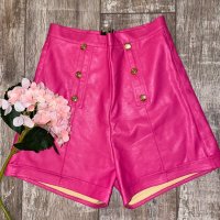 Нови кожени къси панталони бонбонено розови с висока талия , снимка 5 - Къси панталони и бермуди - 39840459