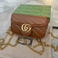 Gucci Кафява коженa Marmont Супер мини чанта Гучи GG лого Made in Italy, снимка 2 - Чанти - 43492214