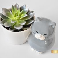 Котка - Кашпа за сукуленти / Подарък за дома / Керамична кашпа с котка , снимка 3 - Саксии и кашпи - 40513352