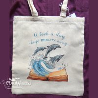 Текстилна чанта / торба за пазар с дълги дръжки "Делфини" /принт, авторска илюстрация/, снимка 3 - Чанти - 27069637