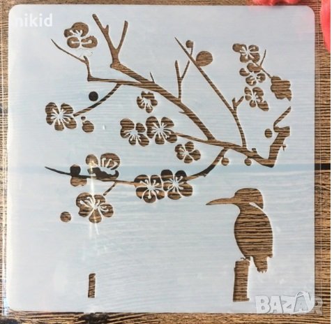 Птичка Гарван дърво вишневи цветя квадратен стенсил шаблон спрей за торта и scrapbook, снимка 1