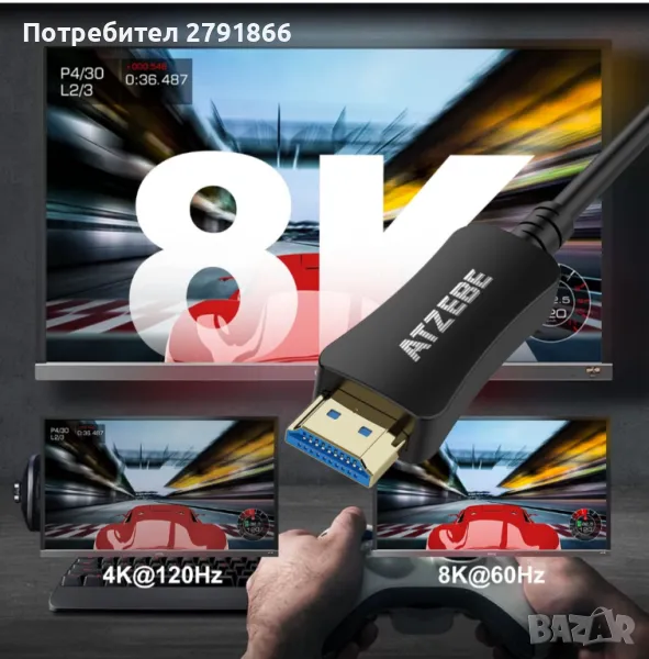 8K HDMI оптичен кабел 15 метра2.1 48Gbps 8K60Hz 4K120Hz динамичен HDR/eARC/HDCP2.2 и 2.3/3D, снимка 1
