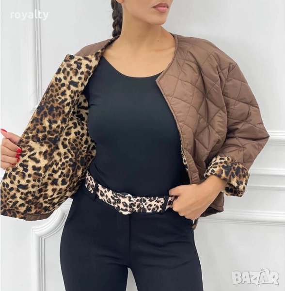 Дамско кафяво яке с ефектни тигрови ръкави, снимка 1