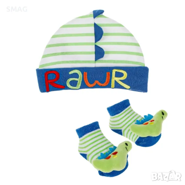 Комплект за новородено Шапка и чорапи 3D Динозавър Синьо Зелено S_1225946, снимка 1