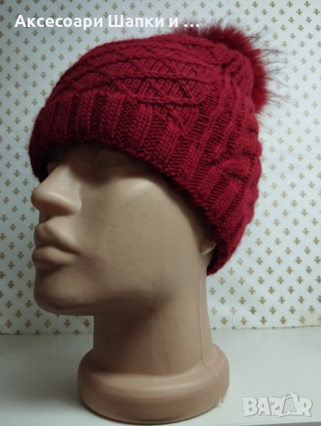 Дамска плетена шапка с естествен косъм лукс- мпш40, снимка 1