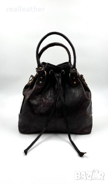 Мароканска чанта тип торба от естествена кожа в тъмно кафяво, снимка 1