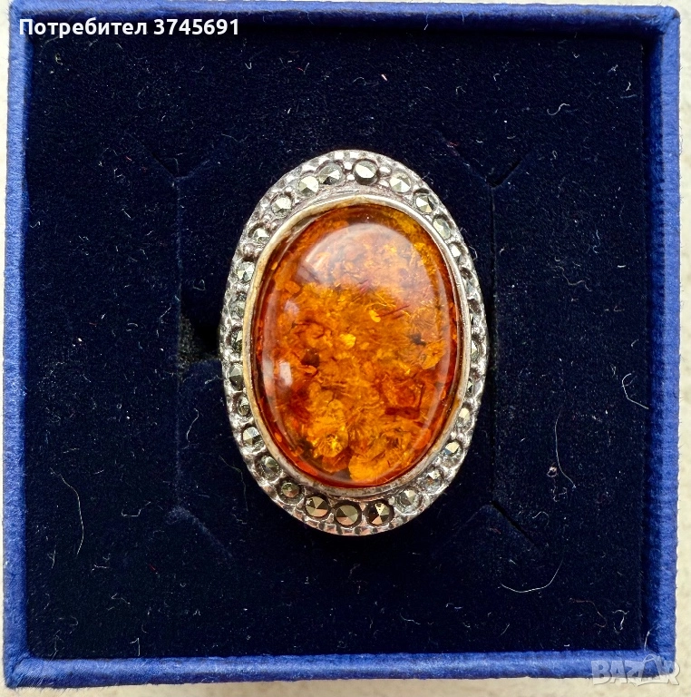 Античен руски пръстен сребро и кехлибар, снимка 1