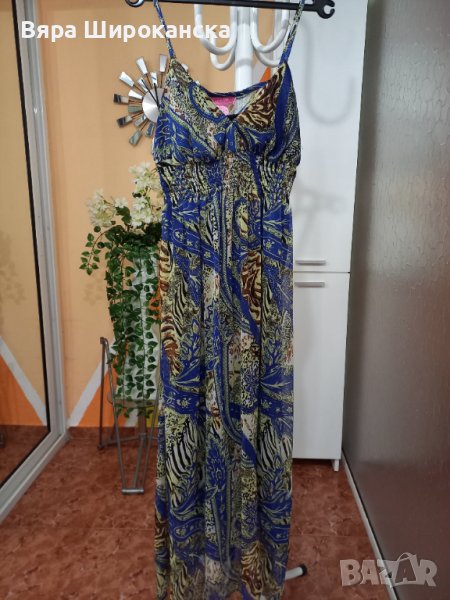 Пъстра лятна рокля с презрамки. Размер: L. Немачкаема коприна с лека, еластична подплата. Вграден су, снимка 1