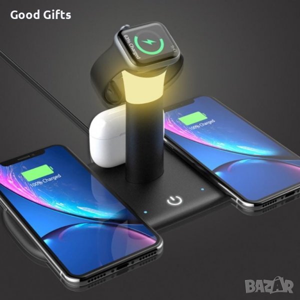Безжично зарядно LH5 3 в 1, за Bluetooth слушалки, телефон, часовник, снимка 1