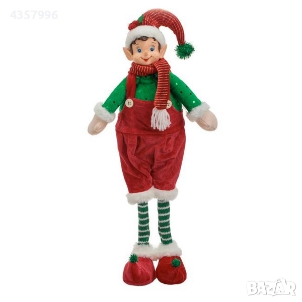Коледна фигура на елф с червен кадифен гащеризон, зелена блуза, 60см, снимка 1