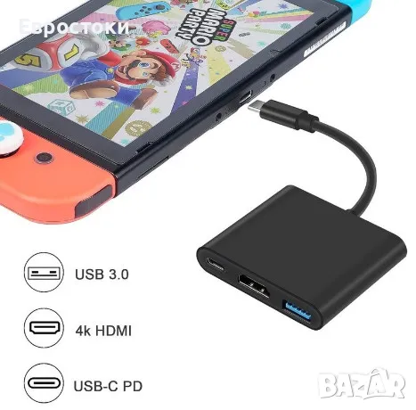 USB C към HDMI адаптер, 4K@60Hz, бързо зареждане PD 100W, USB 3.0 порт, цвят: черно, снимка 2 - Други - 48652349