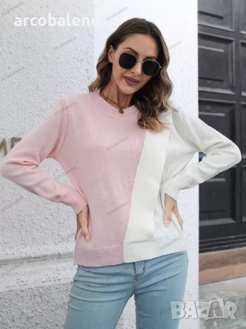 Дамски контрастен пуловер с кръгло деколте и дълъг ръкав, 3цвята - 023, снимка 2 - Блузи с дълъг ръкав и пуловери - 39096481