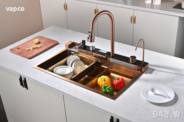 Розово злато - Мултифункционална кухненска мивка с двоен водопад