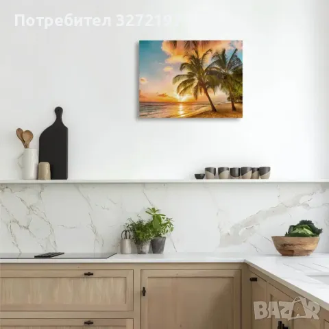Картина на платно с дървена рамка-Изгрев на тропически плаж,30x40 см., снимка 3 - Картини - 48465620