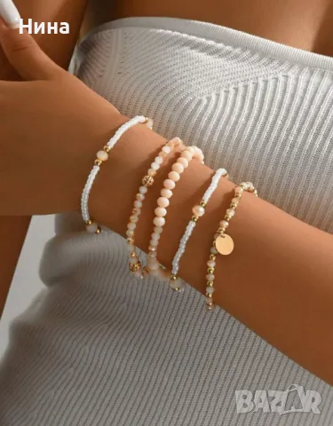 Комплект от 5 бр модни многопластови гривни от оризови мъниста 💎, снимка 3 - Гривни - 49461347