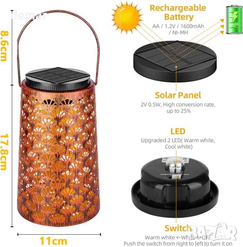 Moman Соларен метален фенер с декоративна светлина за градина или балкон - 2 бр., снимка 2 - Соларни лампи - 43583358