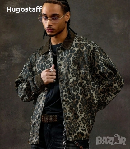 Ново мъжко дънково яке риза зелено леопард камуфлажно деним памук ХХЛ, снимка 7 - Якета - 52443789