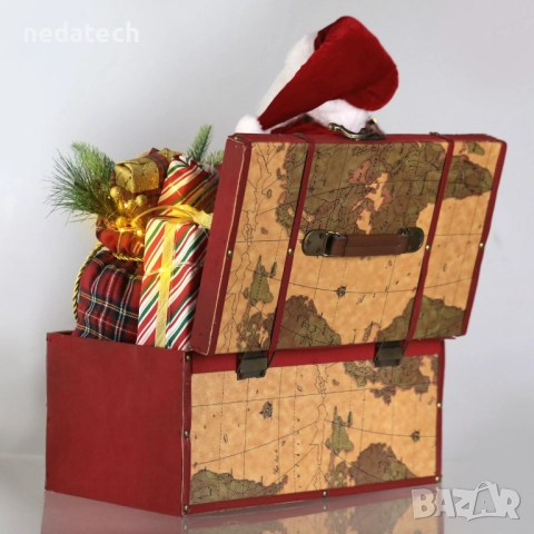 Дядо Коледа със сандък и подаръци, звук и LED, 41x35x60cm, снимка 3 - Декорация за дома - 52288310