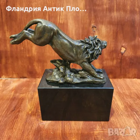 Бронзова скулптура на скачащ лъв върху мраморна основа, снимка 3 - Статуетки - 49648647