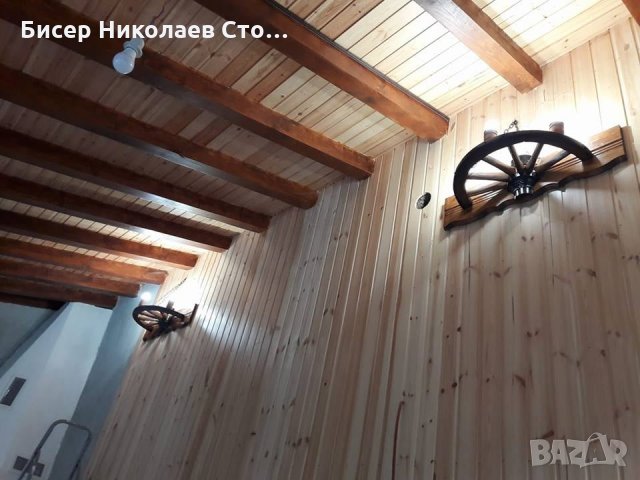 Етно стенна лампа-аплик от колело на каруца с ръчно изработени дървени чашки!, снимка 14 - Лампи за стена - 9066252