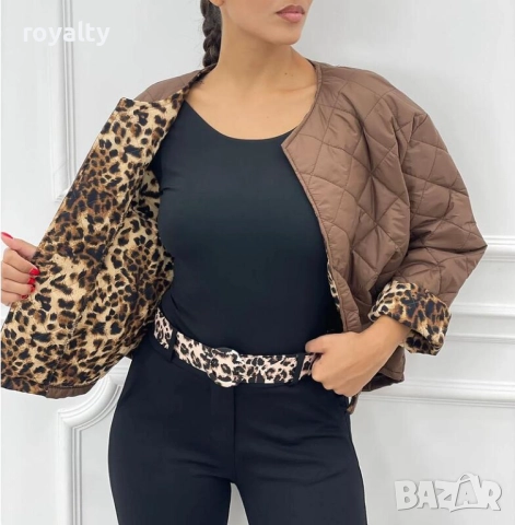 Дамско кафяво яке с ефектни тигрови ръкави