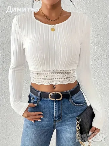 Нова дамска кроп блуза с дълъг ръкав в бял цвят, снимка 3 - Блузи с дълъг ръкав и пуловери - 47278025