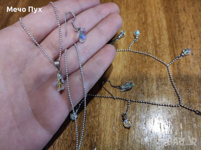 Сребърно колие и обеци Сваровски Архи Аурора Бореалис и гривна за крак, снимка 9 - Бижутерийни комплекти - 39061378