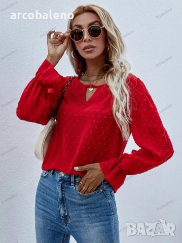 Дамска едноцветна риза с кръгло деколте и дълъг ръкав на точки, 3цвята , снимка 2 - Ризи - 39922661