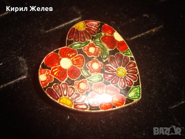 СТАРА ФЛОРАЛНА с ЕМАЙЛ ЛАК БРОНЗОВА РЕТРО БРОШКА СЪРЦЕВИДНА 21675, снимка 5 - Антикварни и старинни предмети - 32522931