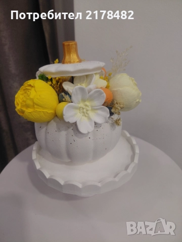 Керамична кашпа "Тиква" с есенна декорация, снимка 3 - Декорация за дома - 52033990