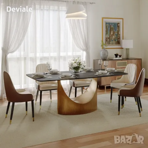 Модерна трапезна дизайнерска маса с керамичен плот черен мрамор и метална основа 200х100х75 см, снимка 12 - Маси - 48320529