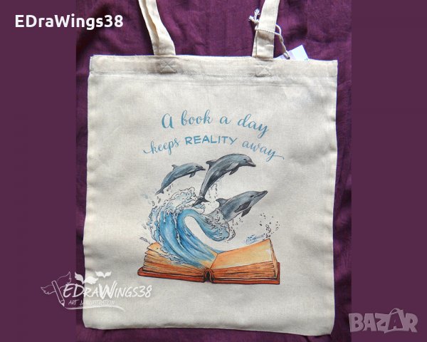 Текстилна чанта / торба за пазар с дълги дръжки "Делфини" /принт, авторска илюстрация/, снимка 3 - Чанти - 27069637