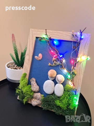 Светеща картина с камъни, миди и скандинавски мъх , снимка 1