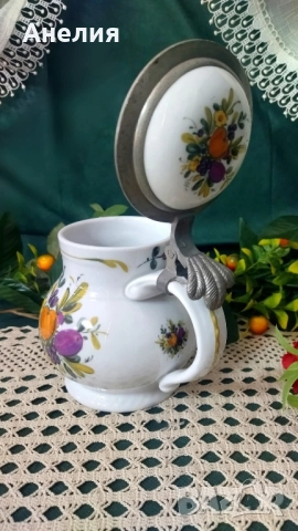 Халба с капак калай и цветя, снимка 3 - Чаши - 52079654