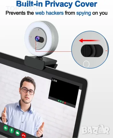 InstyQ 1080P уеб камера за стрийминг със светлина, микрофон 90° изглед, снимка 9 - Друга електроника - 49731150