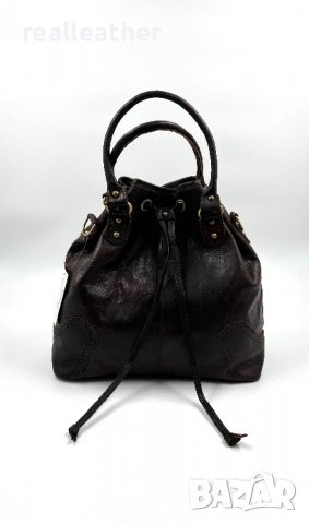 Мароканска чанта тип торба от естествена кожа в тъмно кафяво
