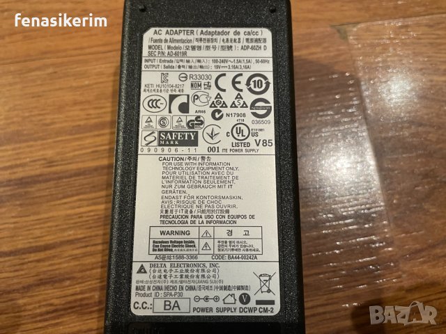 Оригинално Зарядно за Лаптоп (AC ADAPTER) SAMSUNG 19V/3.16A 60W КОНЕКТОР 5.5 X 3.0 MM С ИГЛА, снимка 2 - Захранвания и кутии - 35504138