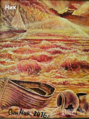 Картина с маслени бои върху платно " Морски пейзаж при залез ", снимка 2 - Картини - 49030224