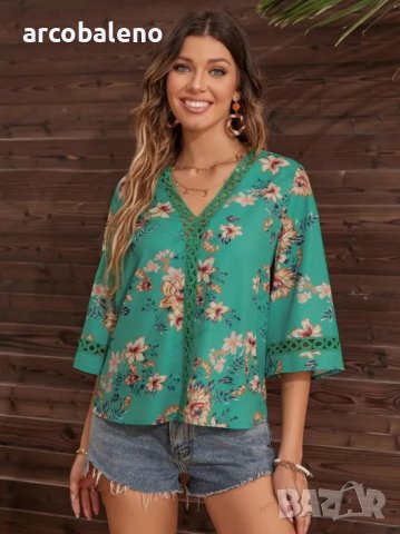 Дамска риза с разкроени ръкави и щампа с V-образно деколте, 5цвята , снимка 9 - Ризи - 39887714