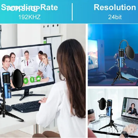 Комплект кондензаторен микрофон за стрийминг на подкаст USB Studio Pop Arm Стойка,ЧЕРЕН, снимка 9 - Микрофони - 48547733