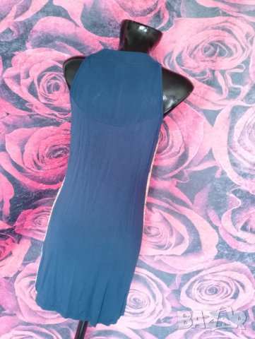 Тъмно синя разкроена рокля с жълто лице М, снимка 2 - Рокли - 37613873