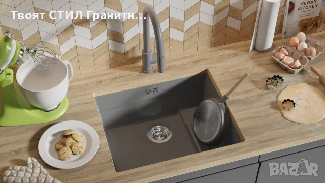Сив гранитна мивка за вграждане под плот Прага 60 Level 560 x 470 мм, снимка 2 - Мивки - 48751838