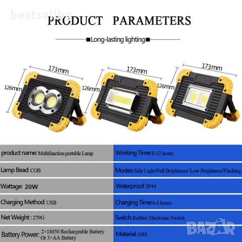 Преносима работна сервизна акумулаторна LED лампа фенер за къмпинг лов, снимка 3 - Къмпинг осветление - 29055563