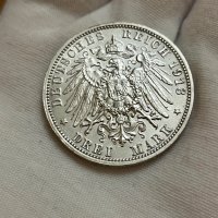 3 марки 1913 г, Германия / Саксония - сребърна монета, снимка 5 - Нумизматика и бонистика - 40246689