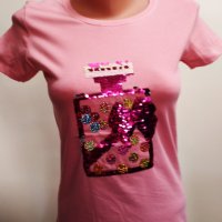 Розова дамска тениска с въртящи се пайети във форма на шише, снимка 4 - Тениски - 32841018