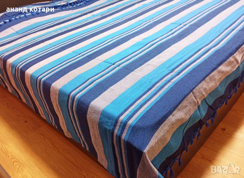 Памучен чаршаф ръчно тъкан- синьо и сиво, снимка 1