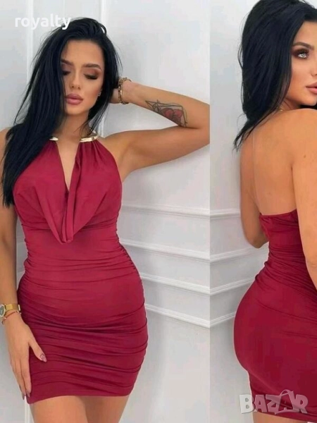 Червена сатенена рокля със секси деколте, снимка 1
