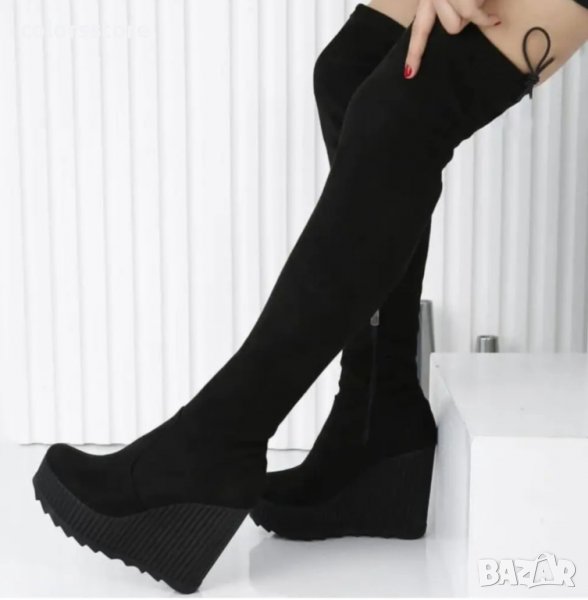 Ботуши на платформа - черен велур - 1906, снимка 1