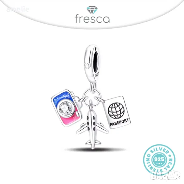 Ново! Талисман Fresca по модел тип Pandora сребро 925 Will U Travel with Me, снимка 1